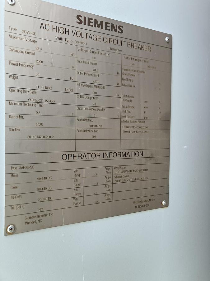2025 Siemens SDV7-SE 38kV-2000A new unused Vacuum breaker