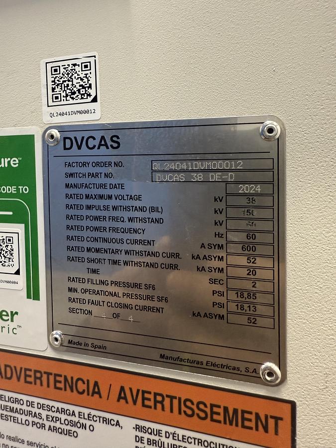 Surplus 2024 Manufacturas Eléctricas DVCAS 38 DE-D Medium-voltage SF6 insulated switchgear / load interrupter switch
