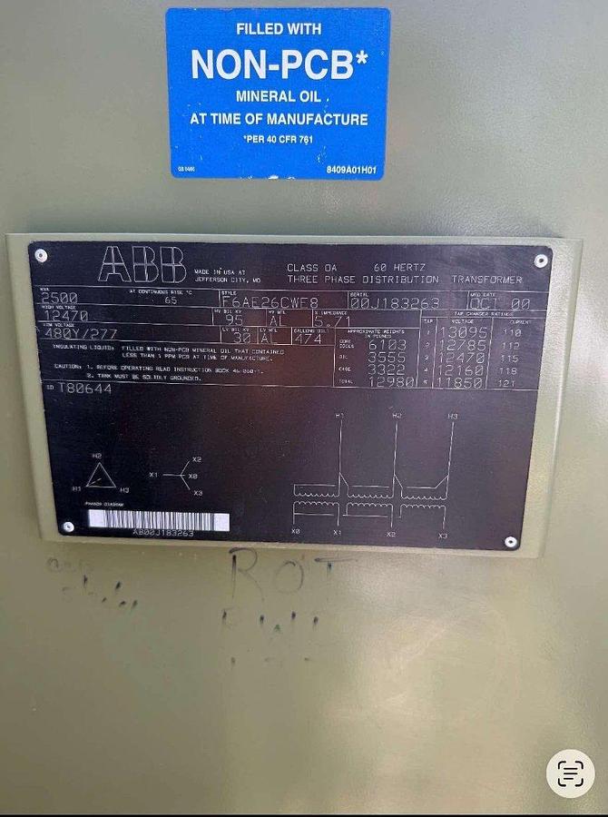 Used ABB 2500 kVA HV 12470V LV 480Y- 277V Padmount Transformer