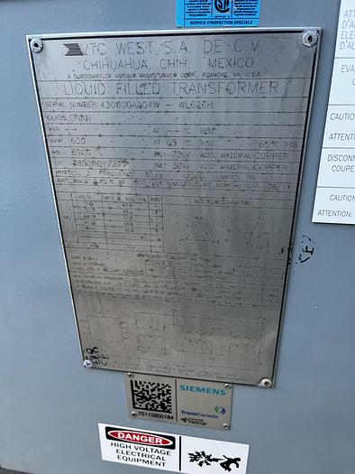 Surplus 2011 VIRGINIA TRANSFORMER QTY(4) 600 kVA HV: 6900V LV: 480Y/277 V