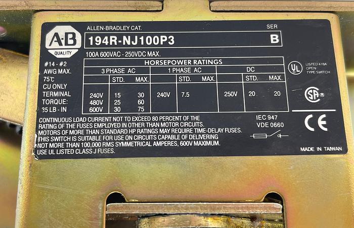 Used Allen-Bradley 194R-NJ100P3 Ser B