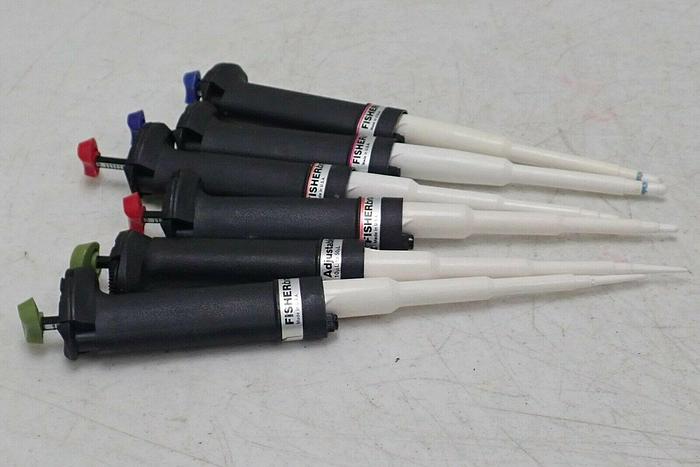 Used Lot of 6 Fisher Brand 10-50 µL, 40-200 µL, 200 µL - 1 mL Adjustable Pipettes