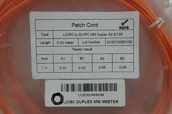 Used Lot of 5 RoHS LCSCDUPMM-3M LC/PC to SC/PC Duplex 62.5/125 Patch Cords, 3 Meter