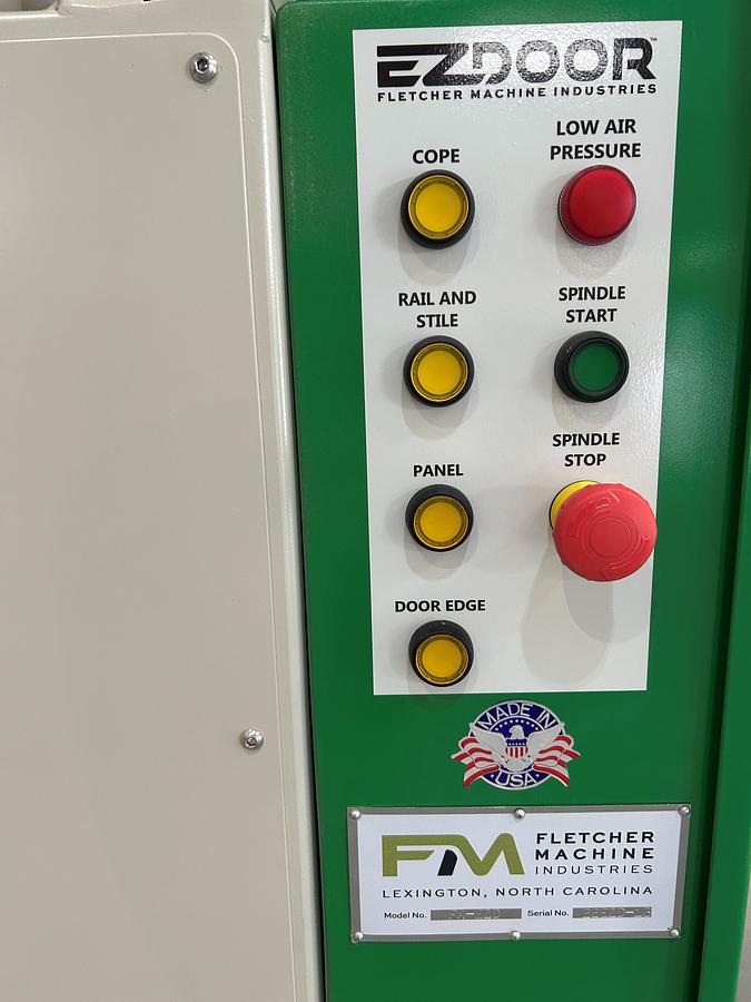 Used Fletcher EZ Door Raised Panel Door Machine, 5 Piece Door in Minutes, 10HP, 3PH, 1 1/4" Arbor, 62" Travel Length of Table, Only 50 Hrs on Machine
