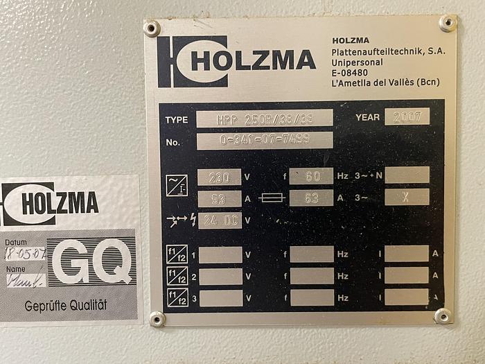 Used Holzma HPP250R/38/38 Horizontal Beam Panel Saw, 2007, 3PH