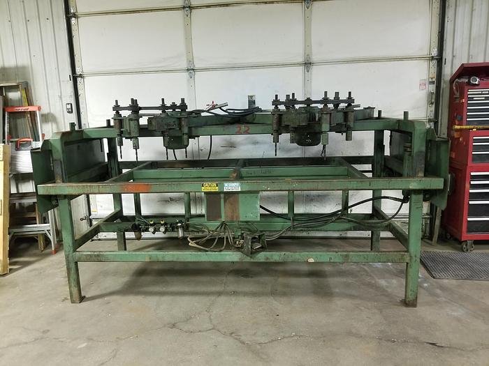 Used 8 Spindle 8ft Wide Cap. x 1ft Deep HD Vertical Boring machine, Variable Spindle spacing, Feed Through Design for long pieces,  3PH Motors, Needs Some Repair