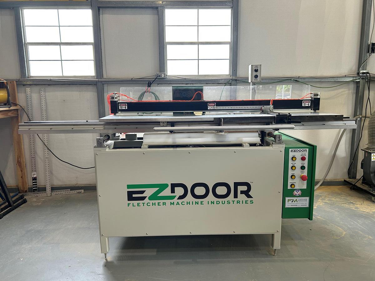 Used Fletcher EZ Door Raised Panel Door Machine, 5 Piece Door in Minutes, 10HP, 3PH, 1 1/4" Arbor, 62" Travel Length of Table, Only 50 Hrs on Machine