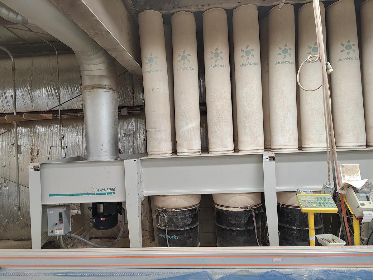 Used Aireworks FX-25-8000 Dust Collector, 2002, 25HP, 8,000 CFM, 20 Upper Filter Bags, 5 Lower Collection Bags, Low Ceiling Model, Cleaned, Checked
