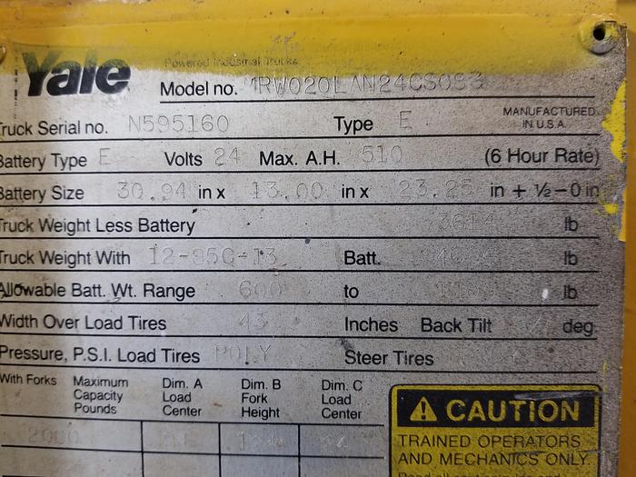 Refurbished Yale Walk Behind Lift, Straddle Stacker, Pallet Picker, Cleaned, Checked, Repaired Cylinders, W/ Battery Charger, 3PH