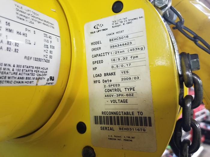 Used Budgit 1/2 Ton Electric Lift, 480V, 3PH