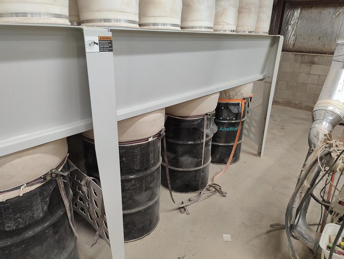 Used Aireworks FX-25-8000 Dust Collector, 2002, 25HP, 8,000 CFM, 20 Upper Filter Bags, 5 Lower Collection Bags, Low Ceiling Model, Cleaned, Checked
