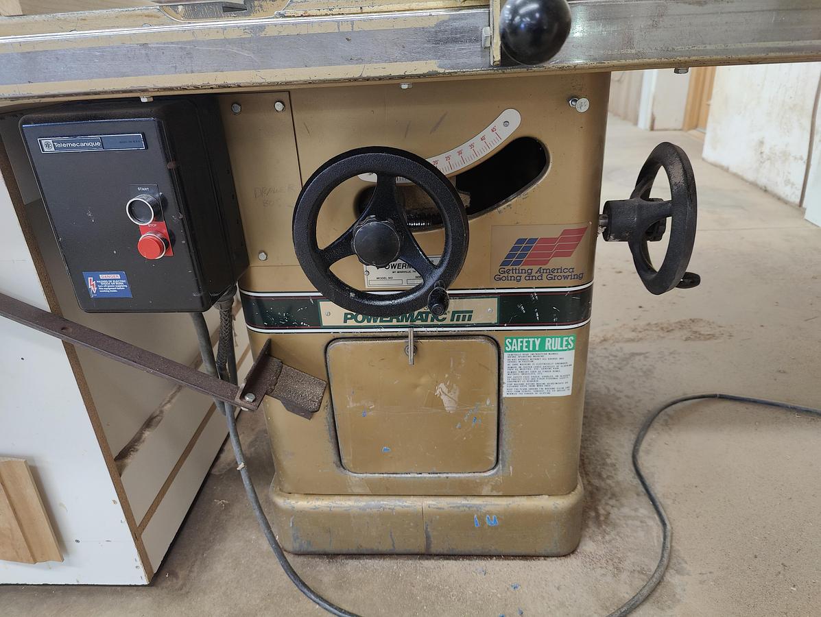Used Powermatic 66 10 Inch Capacity Table Saw with 52 Inch Fence, 1988, 5HP, 3PH, 230V, Cleaned, Checked, New Belts