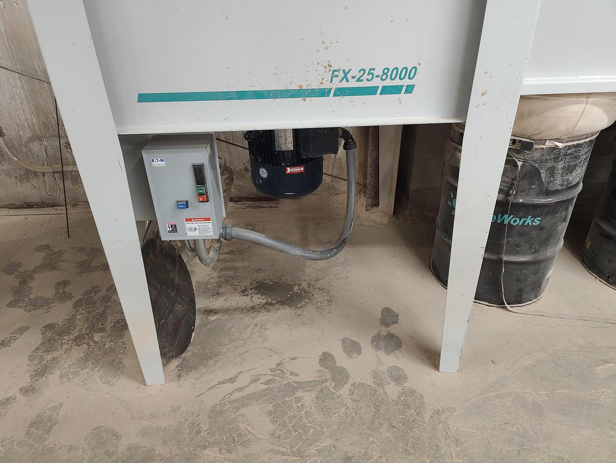 Used Aireworks FX-25-8000 Dust Collector, 2002, 25HP, 8,000 CFM, 20 Upper Filter Bags, 5 Lower Collection Bags, Low Ceiling Model, Cleaned, Checked