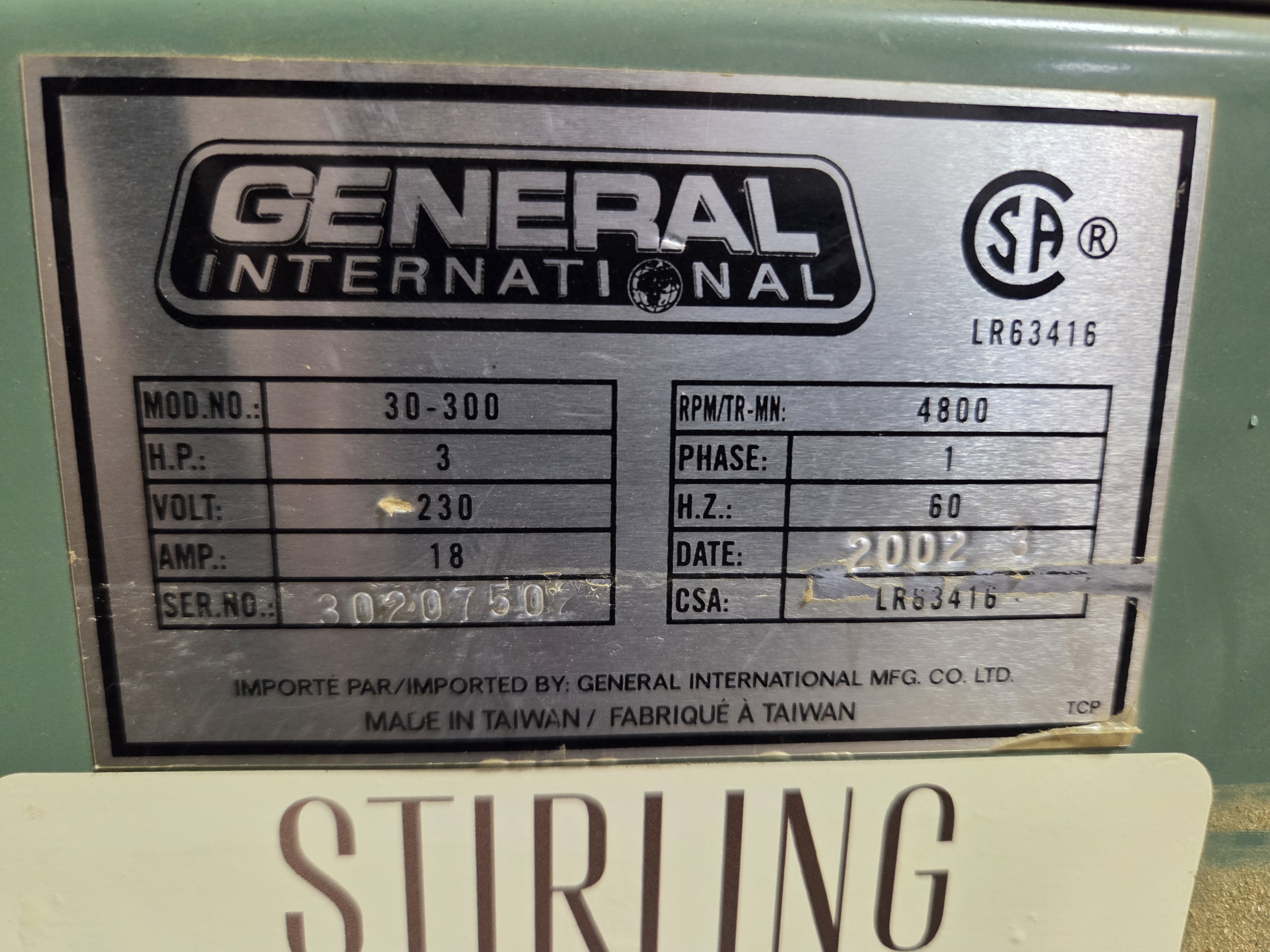 Used General International 20" Straight Knife Planer, 5HP, 230V, 1PH, 2002, Cleaned, Checked