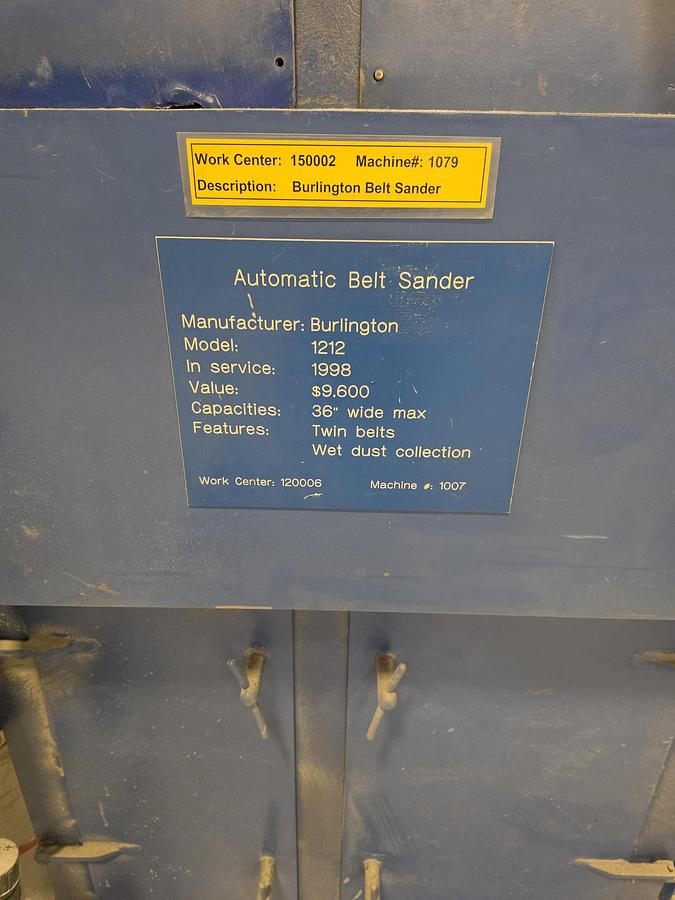 Used Burlington 2 Head Contact Drum Metal Sander W/ wet dust collector.
