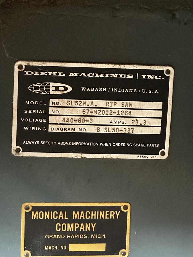 Used Diehl 18" Straight Line Rip Saw, SL-52, 15HP, 480V, 3PH, 4 1/4" Thickness Capacity