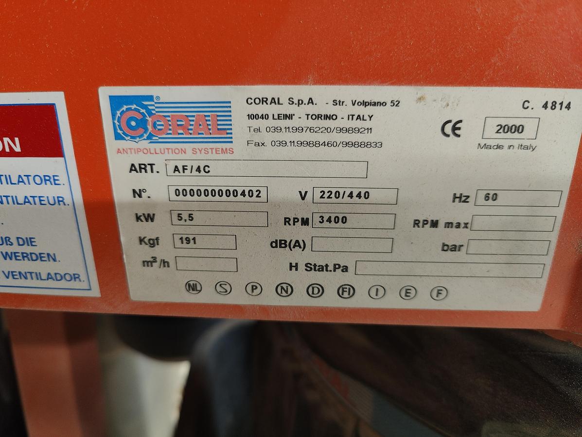 Used Coral AF4C 4 Stack, Filter Bag / Bottom Collection Dust Cullector, 2000, 7.5HP, to be Cleaned, Checked.