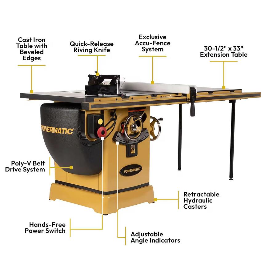 Powermatic PM2000T, 10” ArmorGlide, 5HP 230V/460 3PH, Table Saw with 50” Rip and Extension Table