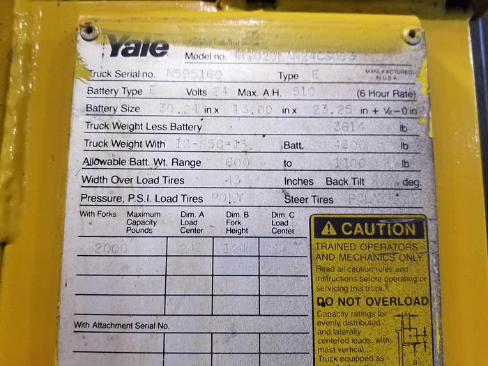 Refurbished Yale Walk Behind Lift, Straddle Stacker, Pallet Picker, Cleaned, Checked, Repaired Cylinders, W/ Battery Charger, 3PH