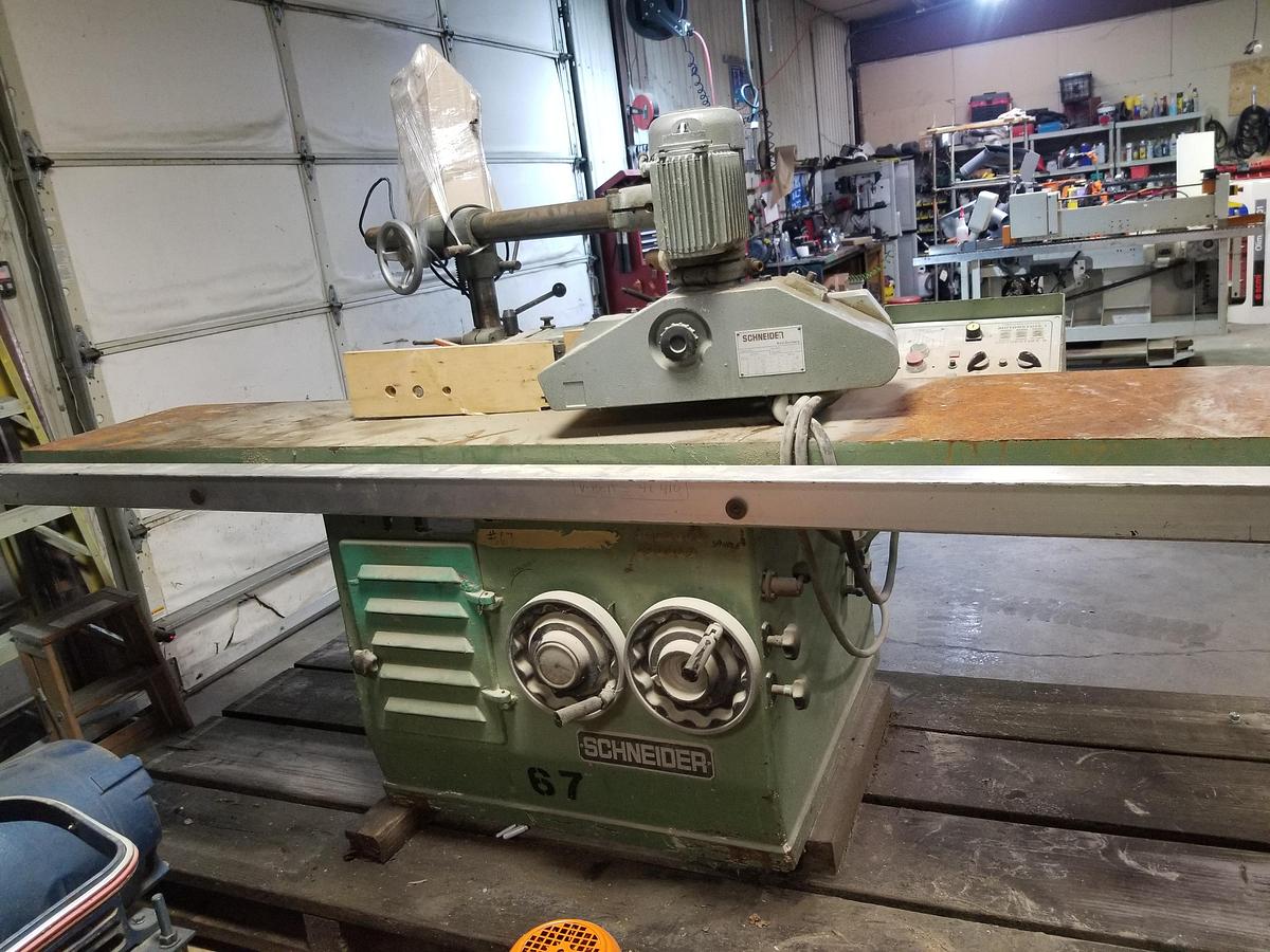 Used Schneider Long Bed Tilting Arbor Shaper SK 1 /2 with Schneider Power Feeder, to be cleaned, checked, 480V, 3PH