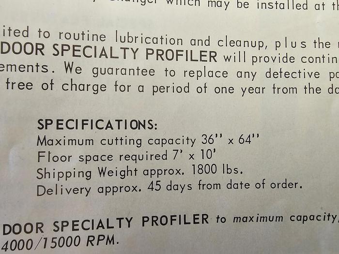 Used Anderson Specialty Door Profiler Model 64, 