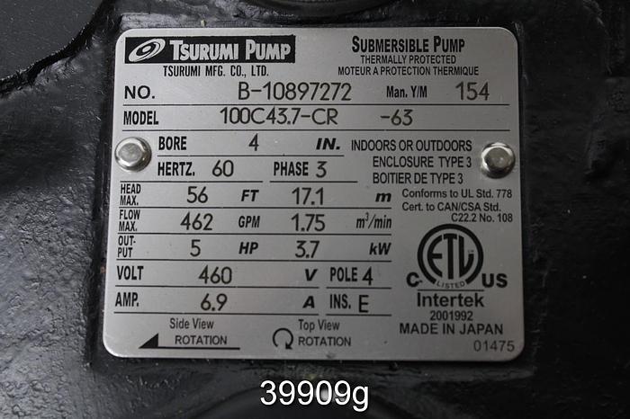 Unused Tsurumi Submersible Sewage and Waste Water Pump #39909