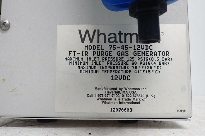 Used Whatman 75-45-12VDC FT-IR Laboratory Purge Gas Generator w/ Balston A912A-BX
