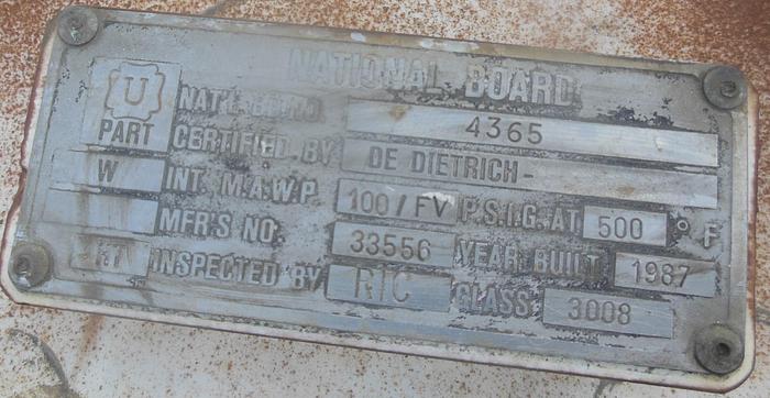 Used Reactor, 100 Gallon, Glass Lined, Jkt, 30" x 33", De Dietrich, #L742762