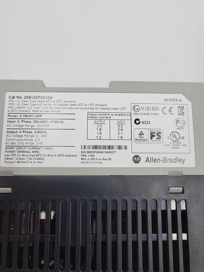 Used Allen Bradley Power Flex 525 cat# 25B-D2P3N104 input 3 ph 380-480v 47-63Hz