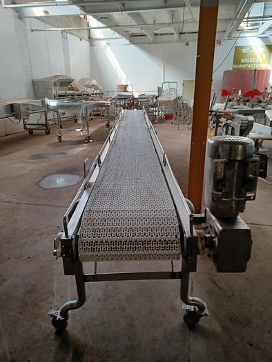 Used Stainless Steel plastic belt conveyor 18' long 36" wide 38" tall on wheels