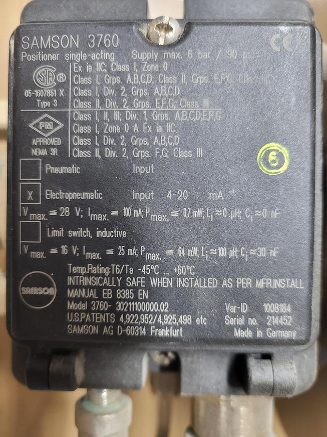 Used Samson 3760 Positioner With Numatic Valves