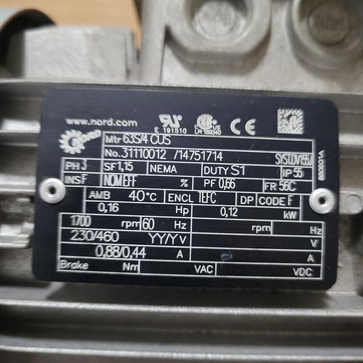 NORD motor & gear box mtr: 63s/4cus 230/460 3 PH 1700 RPM 56C frame IP55 ratio: 600 *NEW*