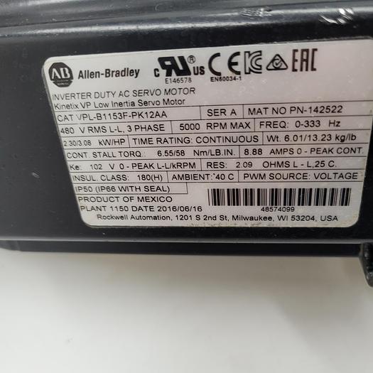Used ALLEN BRADLEY AC SERVO MOTOR VPL-B1153F-PK12AA & STOBER GEAR BOX K202AQF0280MT10