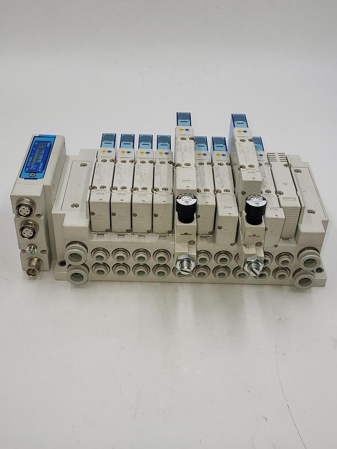 Used SMC HHB-144156 W/ 7 solenoids SY5300 & Two SY5400 air regulated / One: EX260-SIL1 Serial Transmission System output