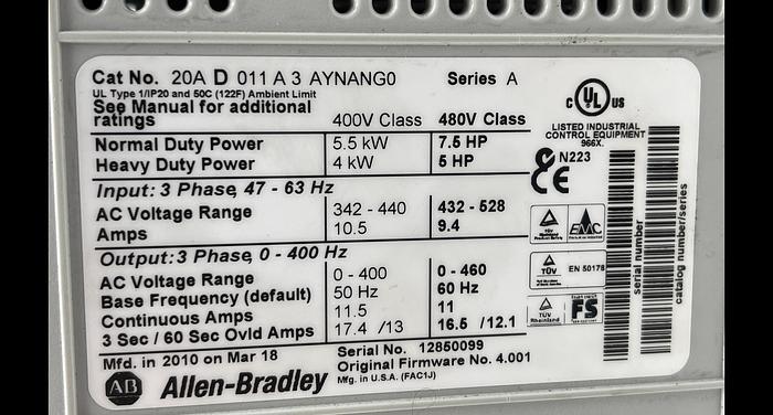 Used Allen-Bradley 20A D 011 A3 AYNAGO SER. A , 20-HIM-A3 Ser. A 