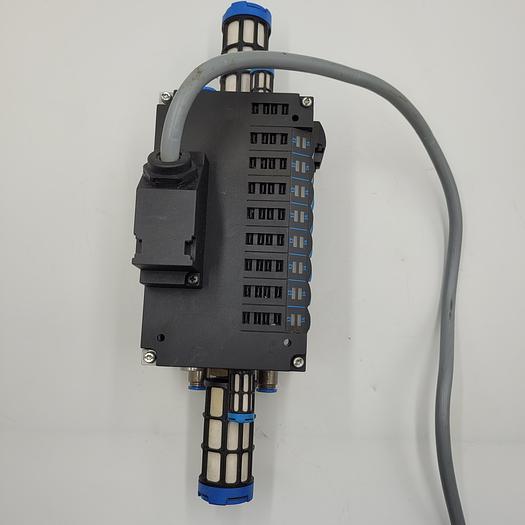 Used Festo CPV-14-VI Pneumatic Manifold 18210 with solenoid valves: 3 of 161363; 4 of 161360; 1 of 162550 & 4 mufflers