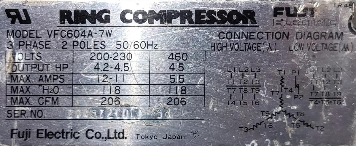 Used Fuji Electric regenerative blower VFC604A-7W 3PH 200-230 / 460v