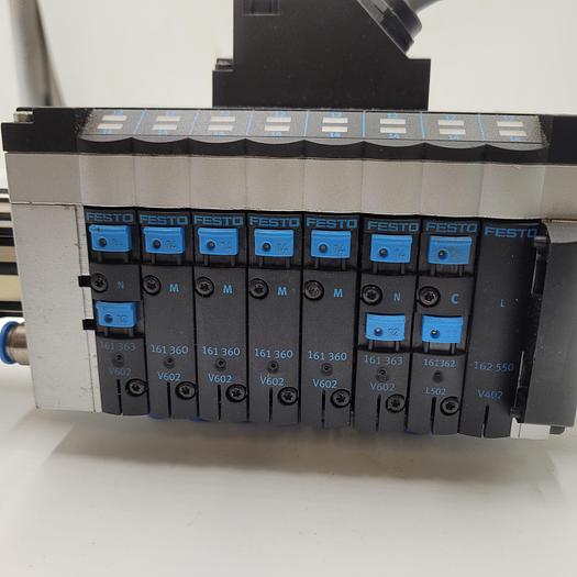 Used Festo CPV-14-VI Pneumatic Manifold 18210 with solenoid valves: 3 of 161363; 4 of 161360; 1 of 162550 & 4 mufflers