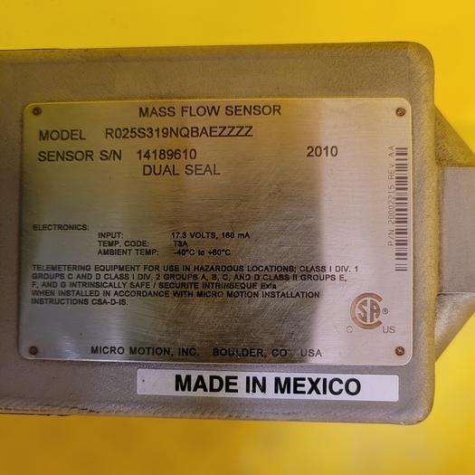 MICRO MOTION MASS FLOW SENSORS R025S319NQBAEZZZZ
