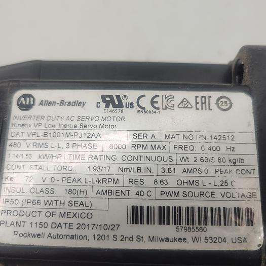 Used Allen-Bradley Inverter Duty Ac Low Inertia Servo Motor VPL-B1001M-PJ12AA