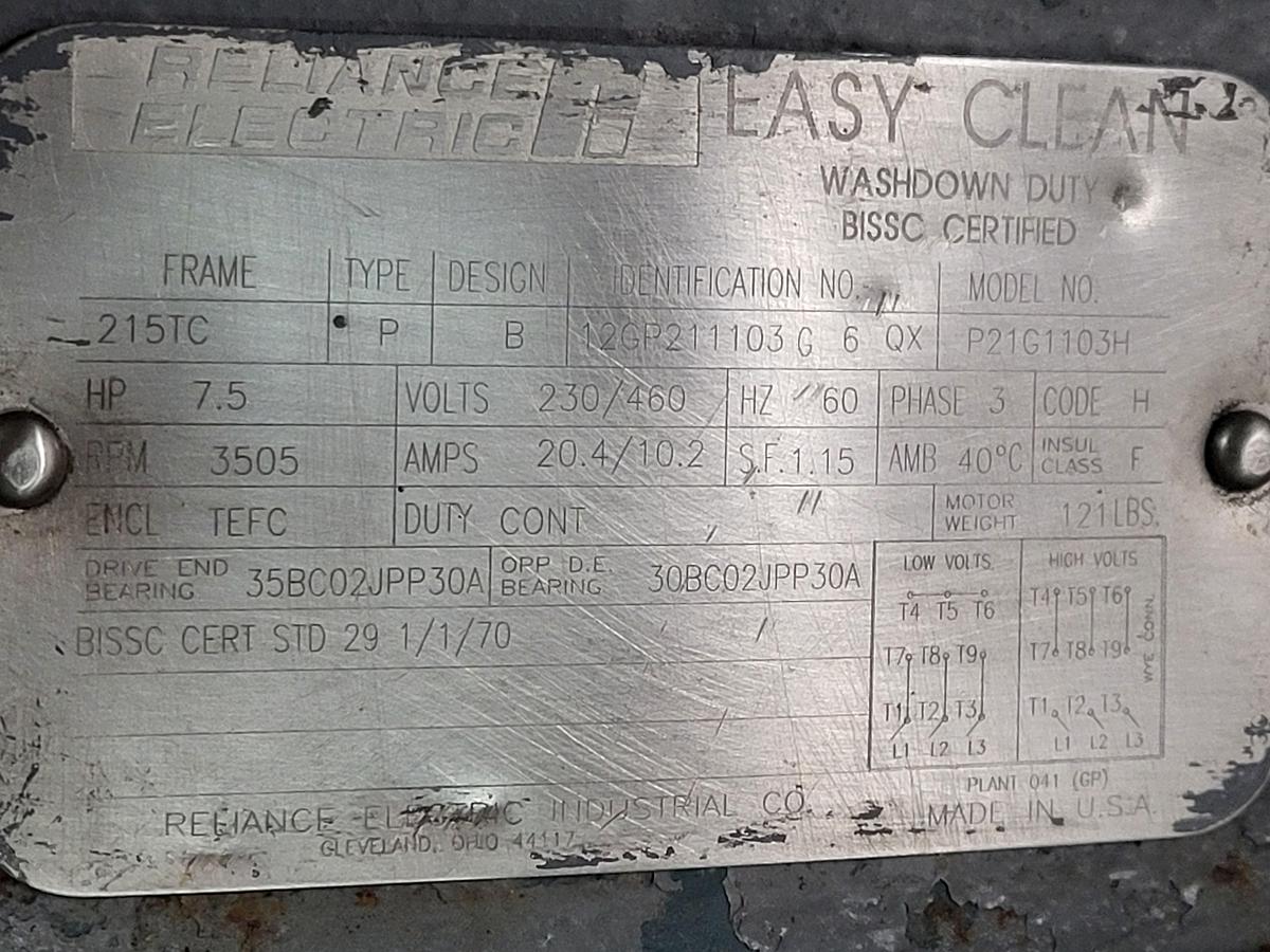 Used Reliable Electric 7.5 HP motor 230/460 v TEFC 215TC frame Model P21G1103H TRI-FLO stainless Pump C216MB21T-S
