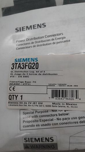 Siemens 3TA3FG20 VL Distribution Lug. Kit of 3 Power Distribution Connectors