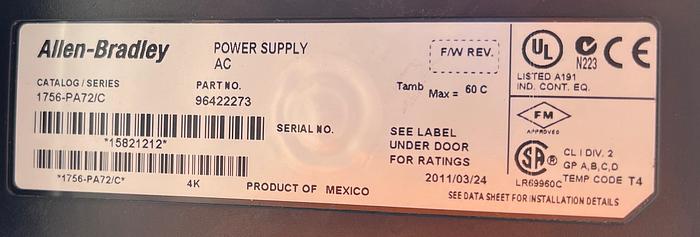 Used Allen-Bradley 1756-PA72 Ser C, 1756-A13 Ser B 