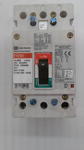 Used Cutler-Hammer Industrial Circuit Breaker E125E 40 AMPS 3 Poles EGE3040FFG