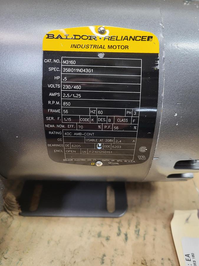 BALDOR .5 HP Motor 35B0112N043G1 / Cat: M3160 / frame: 56 - 850 RPM - 230 /460 - 3 ph No box