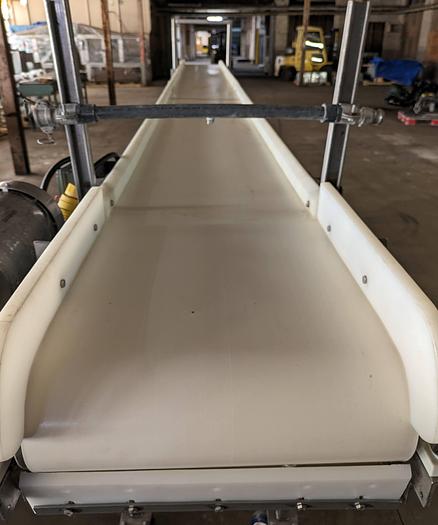 Used stainless conveyor 18" wide 17'6" long, white pvc belting, adjustable legs, casters