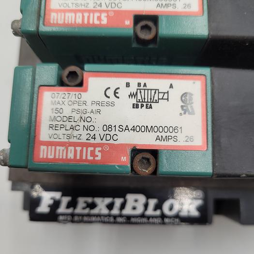 4 NUMATICS SOLENOID AIR CONTROL VALVES 081SA400M000061 MOUNTED ON FLEXIBLOK