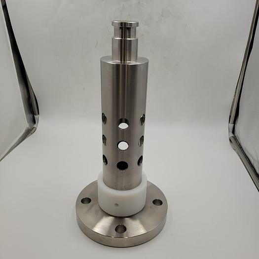 Machined stainless sanitary part 2.52" ID hollow w/ .75" holes (18)/pvc tight fit 3 - 5/16" holes/solid 1-7/16" top-14" tall/4 bolt class 150 flange/2.82" OD
