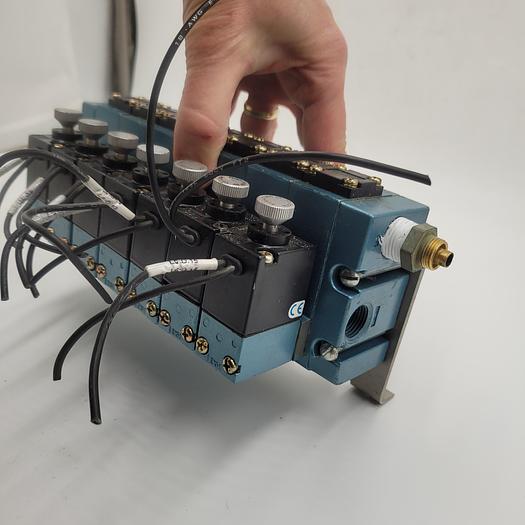 Used MAC SEVEN 914B-PM-114BA Solenoid Valves connected as a manifold with hanging bracket