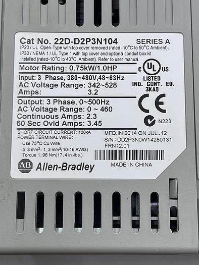 Used Allen-Bradley 22D-D2P3N104 Ser A